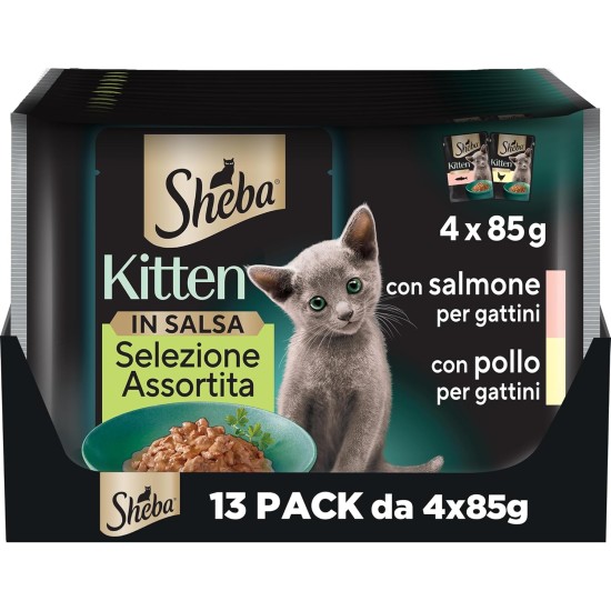 Sheba Kitten Assorted Selection in Salmon and Chicken Sauce Complete Wet Kitten Food 52 Bags of 85g Sheba Kitten Assorted Selection in Salmon and Chicken Sauce Complete Wet Kitten Food 52 Bags of 85g
