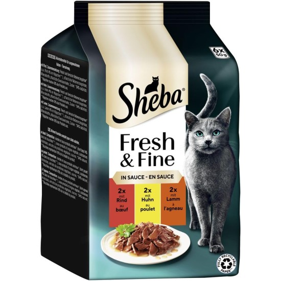 Sheba Portion Bag Cat Food Multipack Fresh & Fine in Sauce with Beef and Chicken, 6 x 6 x 50 g - Premium Cat Food in Sauce, Ideal for Your Cat Sheba Portion Bag Cat Food Multipack Fresh & Fine in Sauce with Beef and Chicken, 6 x 6 x 50 g - Premium Cat Food in Sauce, Ideal for Your Cat