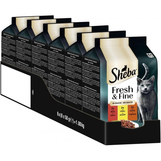 Sheba Portion Bag Cat Food Multipack Fresh & Fine in Sauce with Beef and Chicken, 6 x 6 x 50 g - Premium Cat Food in Sauce, Ideal for Your Cat