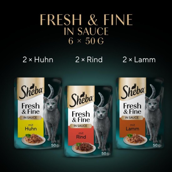 Sheba Portion Bag Cat Food Multipack Fresh & Fine in Sauce with Beef and Chicken, 6 x 6 x 50 g - Premium Cat Food in Sauce, Ideal for Your Cat Sheba Portion Bag Cat Food Multipack Fresh & Fine in Sauce with Beef and Chicken, 6 x 6 x 50 g - Premium Cat Food in Sauce, Ideal for Your Cat