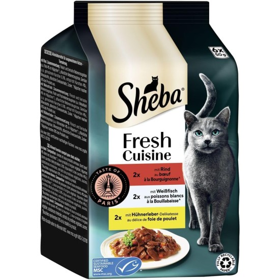 Sheba Portion Bag Cat Food Multipack Fresh Cuisine Taste of Paris with Beef and White Fish MSC, 6 x 6 x 50 g - Gourmet Cat Food with Beef and White Fish Sheba Portion Bag Cat Food Multipack Fresh Cuisine Taste of Paris with Beef and White Fish MSC, 6 x 6 x 50 g - Gourmet Cat Food with Beef and White Fish