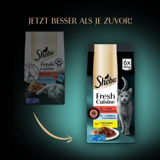 Sheba Portion Bag Cat Food Multipack Fresh Cuisine Taste of Paris with Beef and White Fish MSC, 6 x 6 x 50 g - Gourmet Cat Food with Beef and White Fish Sheba Portion Bag Cat Food Multipack Fresh Cuisine Taste of Paris with Beef and White Fish MSC, 6 x 6 x 50 g - Gourmet Cat Food with Beef and White Fish