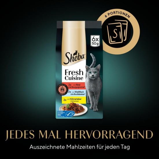 Sheba Portion Bag Cat Food Multipack Fresh Cuisine Taste of Paris with Beef and White Fish MSC, 6 x 6 x 50 g - Gourmet Cat Food with Beef and White Fish Sheba Portion Bag Cat Food Multipack Fresh Cuisine Taste of Paris with Beef and White Fish MSC, 6 x 6 x 50 g - Gourmet Cat Food with Beef and White Fish