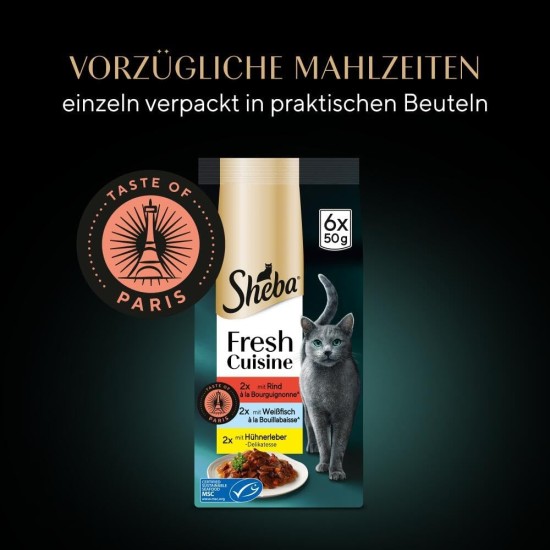 Sheba Portion Bag Cat Food Multipack Fresh Cuisine Taste of Paris with Beef and White Fish MSC, 6 x 6 x 50 g - Gourmet Cat Food with Beef and White Fish Sheba Portion Bag Cat Food Multipack Fresh Cuisine Taste of Paris with Beef and White Fish MSC, 6 x 6 x 50 g - Gourmet Cat Food with Beef and White Fish