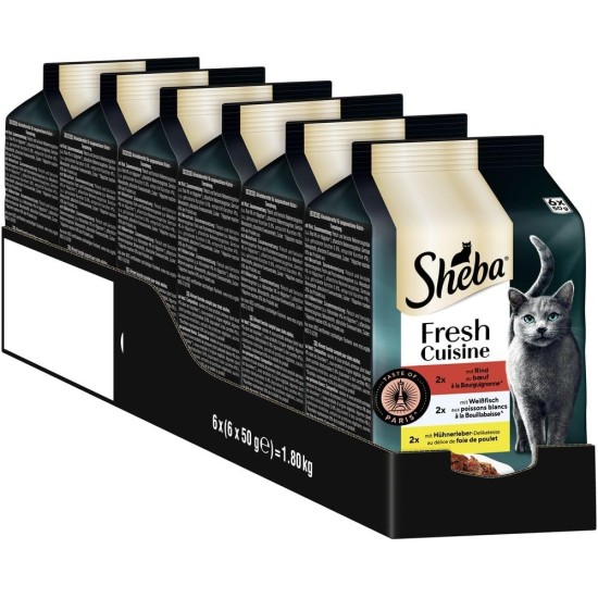 Sheba Portion Bag Cat Food Multipack Fresh Cuisine Taste of Paris with Beef and White Fish MSC, 6 x 6 x 50 g - Gourmet Cat Food with Beef and White Fish Sheba Portion Bag Cat Food Multipack Fresh Cuisine Taste of Paris with Beef and White Fish MSC, 6 x 6 x 50 g - Gourmet Cat Food with Beef and White Fish
