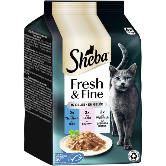 Sheba Portion Bag Cat Wet Food Multipack Fresh & Fine in Jelly with Tuna and Salmon MSC, 6 x 6 x 50 g - Healthy Meals for Cats with Jelly Sheba Portion Bag Cat Wet Food Multipack Fresh & Fine in Jelly with Tuna and Salmon MSC, 6 x 6 x 50 g - Healthy Meals for Cats with Jelly