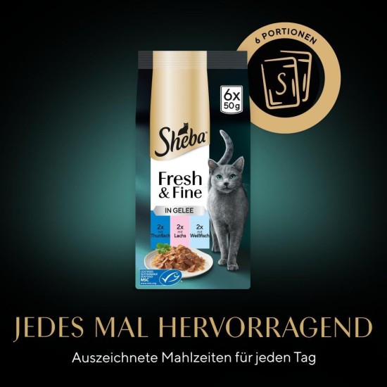 Sheba Portion Bag Cat Wet Food Multipack Fresh & Fine in Jelly with Tuna and Salmon MSC, 6 x 6 x 50 g - Healthy Meals for Cats with Jelly Sheba Portion Bag Cat Wet Food Multipack Fresh & Fine in Jelly with Tuna and Salmon MSC, 6 x 6 x 50 g - Healthy Meals for Cats with Jelly