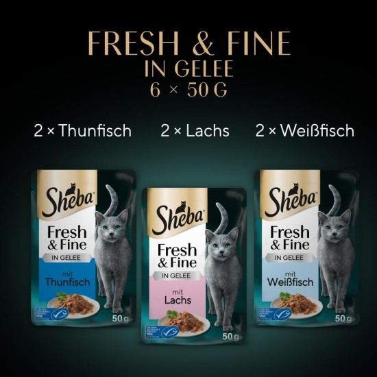 Sheba Portion Bag Cat Wet Food Multipack Fresh & Fine in Jelly with Tuna and Salmon MSC, 6 x 6 x 50 g - Healthy Meals for Cats with Jelly Sheba Portion Bag Cat Wet Food Multipack Fresh & Fine in Jelly with Tuna and Salmon MSC, 6 x 6 x 50 g - Healthy Meals for Cats with Jelly