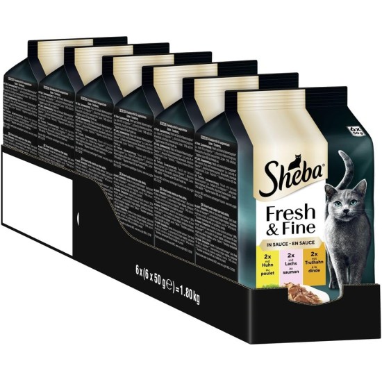 Sheba Portion Bag Cat Wet Food Multipack Fresh & Fine in Sauce with Chicken and Salmon MSC, 6 x 6 x 50 g - Exquisite Meals for Cats in Sauce