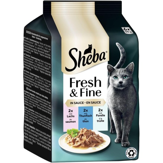 Sheba Portion Bag Wet Cat Food Multipack Fresh & Fine in Sauce with Salmon and Tuna MSC, 6 x 6 x 50 g - Premium Cat Food in Sauce with Salmon and Tuna Sheba Portion Bag Wet Cat Food Multipack Fresh & Fine in Sauce with Salmon and Tuna MSC, 6 x 6 x 50 g - Premium Cat Food in Sauce with Salmon and Tuna