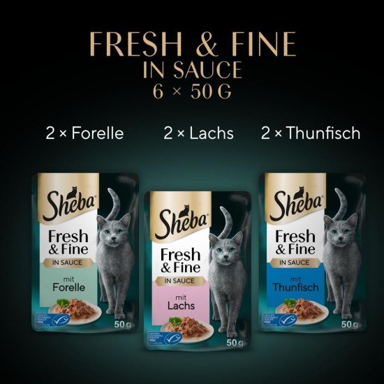 Sheba Portion Bag Wet Cat Food Multipack Fresh & Fine in Sauce with Salmon and Tuna MSC, 6 x 6 x 50 g - Premium Cat Food in Sauce with Salmon and Tuna Sheba Portion Bag Wet Cat Food Multipack Fresh & Fine in Sauce with Salmon and Tuna MSC, 6 x 6 x 50 g - Premium Cat Food in Sauce with Salmon and Tuna