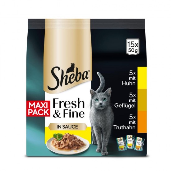 Sheba Portion Bags Multipack Fresh & Fine in Sauce with Chicken with Poultry with Turkey 5 x 15 x 50 g Sheba Portion Bags Multipack Fresh & Fine in Sauce with Chicken with Poultry with Turkey 5 x 15 x 50 g