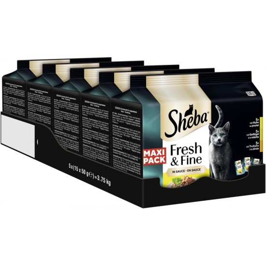 Sheba Portion Bags Multipack Fresh & Fine in Sauce with Chicken with Poultry with Turkey 5 x 15 x 50 g Sheba Portion Bags Multipack Fresh & Fine in Sauce with Chicken with Poultry with Turkey 5 x 15 x 50 g