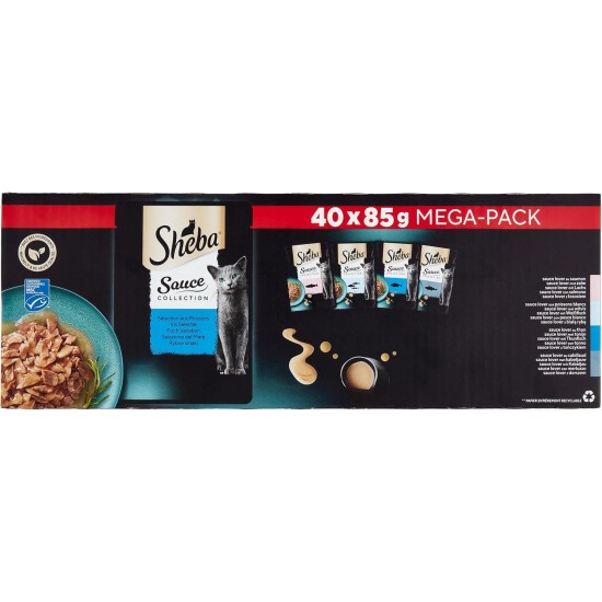Sheba Sauce Collection Wet Food Storage Bags Fish Selection for Adult Cats 4 Varieties 40 x 85g Sheba Sauce Collection Wet Food Storage Bags Fish Selection for Adult Cats 4 Varieties 40 x 85g