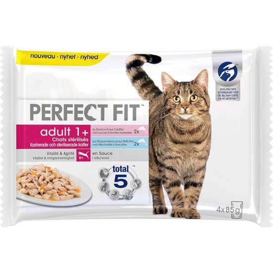 Sterilised Adult Cat Food - 52 Fresh Bags (13 Packs of 4 x 85g) - Wet Cat Food in Salmon/White Fish Sauce - Complete & Balanced Food Sterilised Adult Cat Food - 52 Fresh Bags (13 Packs of 4 x 85g) - Wet Cat Food in Salmon/White Fish Sauce - Complete & Balanced Food