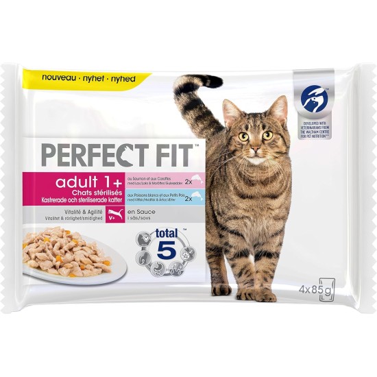 Sterilised Adult Cat Food - 52 Fresh Bags (13 Packs of 4 x 85g) - Wet Cat Food in Salmon/White Fish Sauce - Complete & Balanced Food Sterilised Adult Cat Food - 52 Fresh Bags (13 Packs of 4 x 85g) - Wet Cat Food in Salmon/White Fish Sauce - Complete & Balanced Food