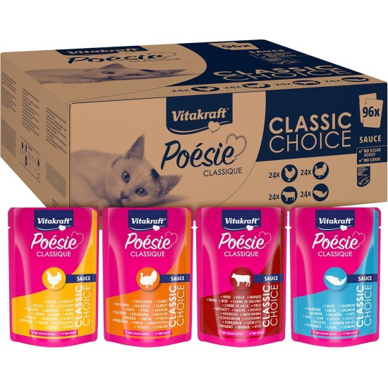 Vitakraft Poésie Classic Storage Pack, Wet Cat Food in Sauce, with Chicken, Turkey, Beef, Salmon, No Added Sugar and Grains (1 Pack of 96 x 85 g) Vitakraft Poésie Classic Storage Pack, Wet Cat Food in Sauce, with Chicken, Turkey, Beef, Salmon, No Added Sugar and Grains (1 Pack of 96 x 85 g)