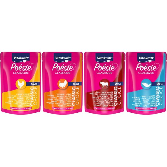 Vitakraft Poésie Classic Storage Pack, Wet Cat Food in Sauce, with Chicken, Turkey, Beef, Salmon, No Added Sugar and Grains (1 Pack of 96 x 85 g) Vitakraft Poésie Classic Storage Pack, Wet Cat Food in Sauce, with Chicken, Turkey, Beef, Salmon, No Added Sugar and Grains (1 Pack of 96 x 85 g)