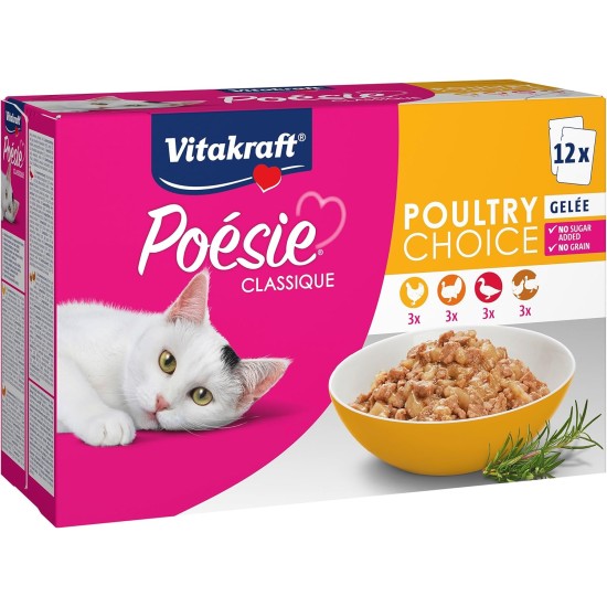 Vitakraft Poésie Classic Wet Cat Food, Jelly Cat Food, with Chicken, with Turkey, with Poultry, with Duck, No Added Sugar and Grains (5 Packets of 12 x 85 g) Vitakraft Poésie Classic Wet Cat Food, Jelly Cat Food, with Chicken, with Turkey, with Poultry, with Duck, No Added Sugar and Grains (5 Packets of 12 x 85 g)