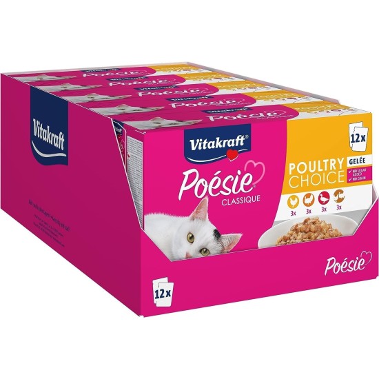 Vitakraft Poésie Classic Wet Cat Food, Jelly Cat Food, with Chicken, with Turkey, with Poultry, with Duck, No Added Sugar and Grains (5 Packets of 12 x 85 g) Vitakraft Poésie Classic Wet Cat Food, Jelly Cat Food, with Chicken, with Turkey, with Poultry, with Duck, No Added Sugar and Grains (5 Packets of 12 x 85 g)