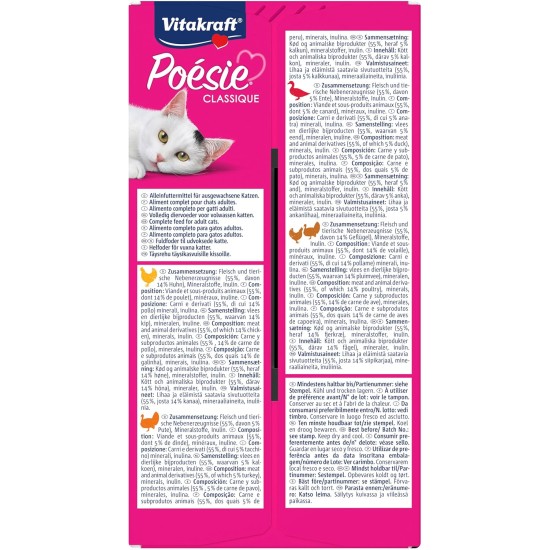Vitakraft Poésie Classic Wet Cat Food, Jelly Cat Food, with Chicken, with Turkey, with Poultry, with Duck, No Added Sugar and Grains (5 Packets of 12 x 85 g) Vitakraft Poésie Classic Wet Cat Food, Jelly Cat Food, with Chicken, with Turkey, with Poultry, with Duck, No Added Sugar and Grains (5 Packets of 12 x 85 g)