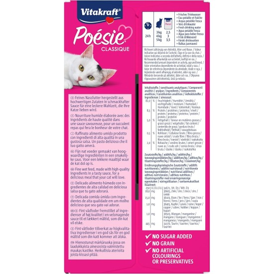 Vitakraft Poésie Classic Wet Cat Food in Sauce, with Chicken, Turkey, Beef, Salmon, No Added Sugar and Grains (1 Pack of 12 x 85 g) Vitakraft Poésie Classic Wet Cat Food in Sauce, with Chicken, Turkey, Beef, Salmon, No Added Sugar and Grains (1 Pack of 12 x 85 g)