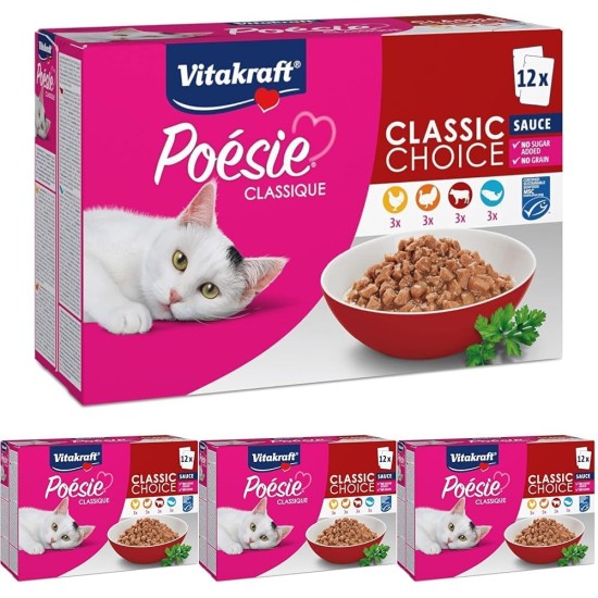 Vitakraft Poésie Classic Wet Cat Food in Sauce, with Chicken, Turkey, Beef, Salmon, No Added Sugar and Grains (1 Pack of 12 x 85 g) Vitakraft Poésie Classic Wet Cat Food in Sauce, with Chicken, Turkey, Beef, Salmon, No Added Sugar and Grains (1 Pack of 12 x 85 g)