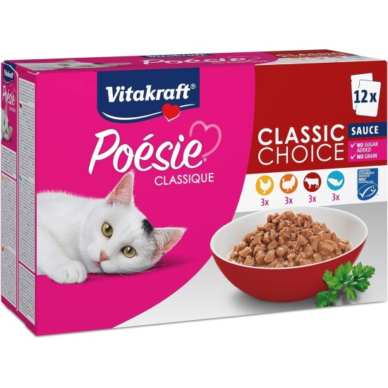 Vitakraft Poésie Classic Wet Cat Food in Sauce, with Chicken, Turkey, Beef, Salmon, No Added Sugar and Grains (1 Pack of 12 x 85 g) Vitakraft Poésie Classic Wet Cat Food in Sauce, with Chicken, Turkey, Beef, Salmon, No Added Sugar and Grains (1 Pack of 12 x 85 g)