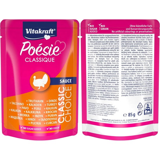 Vitakraft Poésie Classic Wet Cat Food in Sauce, with Chicken, Turkey, Beef, Salmon, No Added Sugar and Grains (1 Pack of 12 x 85 g) Vitakraft Poésie Classic Wet Cat Food in Sauce, with Chicken, Turkey, Beef, Salmon, No Added Sugar and Grains (1 Pack of 12 x 85 g)