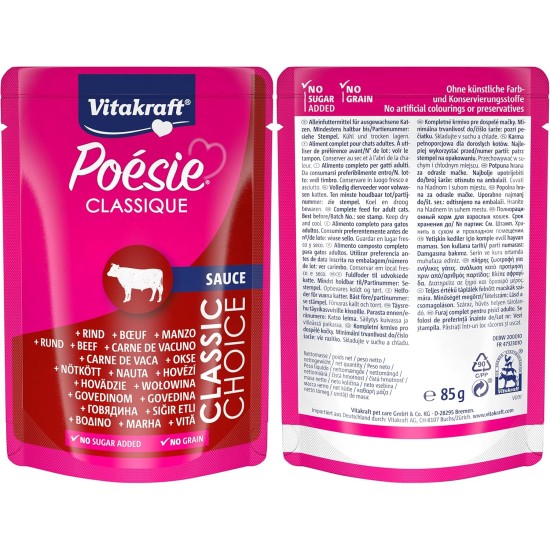 Vitakraft Poésie Classic Wet Cat Food in Sauce, with Chicken, Turkey, Beef, Salmon, No Added Sugar and Grains (1 Pack of 12 x 85 g) Vitakraft Poésie Classic Wet Cat Food in Sauce, with Chicken, Turkey, Beef, Salmon, No Added Sugar and Grains (1 Pack of 12 x 85 g)
