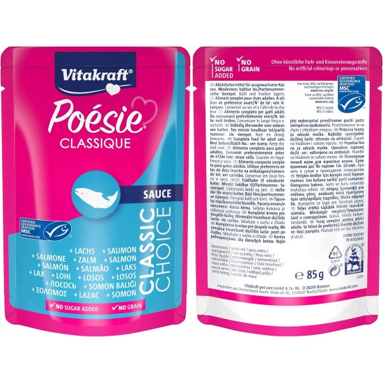 Vitakraft Poésie Classic Wet Cat Food in Sauce, with Chicken, Turkey, Beef, Salmon, No Added Sugar and Grains (1 Pack of 12 x 85 g) Vitakraft Poésie Classic Wet Cat Food in Sauce, with Chicken, Turkey, Beef, Salmon, No Added Sugar and Grains (1 Pack of 12 x 85 g)