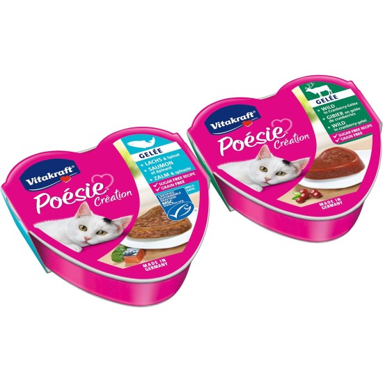 Vitakraft Poésie Création, Finest Selection, Wet Cat Food, Jelly Cat Food, with Salmon and Spinach, with Wild in Cranberry Jelly, No Added Sugar and Grains (1 Pack of 6 x 85 g) Vitakraft Poésie Création, Finest Selection, Wet Cat Food, Jelly Cat Food, with Salmon and Spinach, with Wild in Cranberry Jelly, No Added Sugar and Grains (1 Pack of 6 x 85 g)