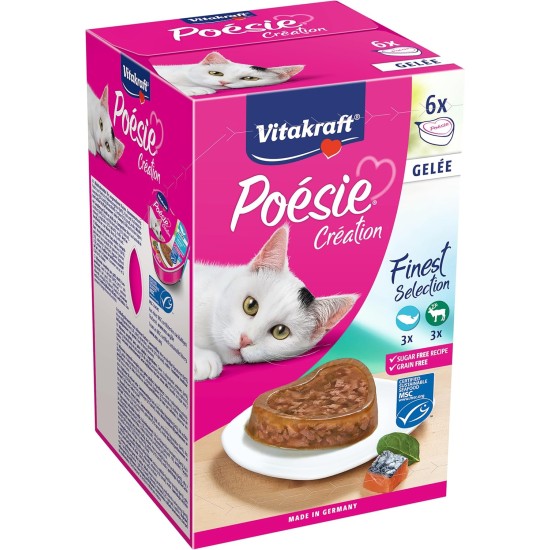 Vitakraft Poésie Création, Finest Selection, Wet Cat Food, Jelly Cat Food, with Salmon and Spinach, with Wild in Cranberry Jelly, No Added Sugar and Grains (1 Pack of 6 x 85 g) Vitakraft Poésie Création, Finest Selection, Wet Cat Food, Jelly Cat Food, with Salmon and Spinach, with Wild in Cranberry Jelly, No Added Sugar and Grains (1 Pack of 6 x 85 g)