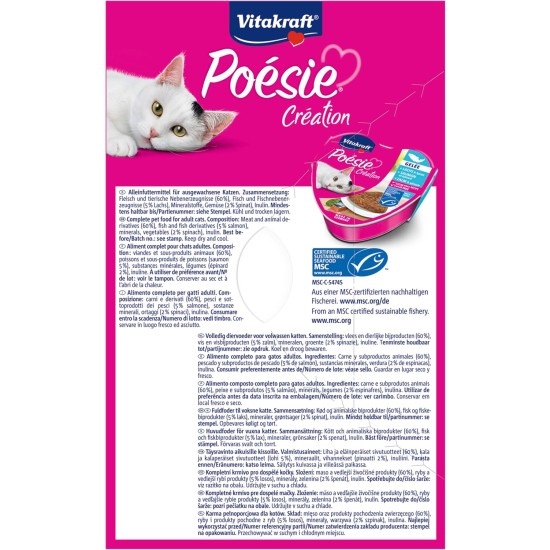 Vitakraft Poésie Création, Finest Selection, Wet Cat Food, Jelly Cat Food, with Salmon and Spinach, with Wild in Cranberry Jelly, No Added Sugar and Grains (1 Pack of 6 x 85 g) Vitakraft Poésie Création, Finest Selection, Wet Cat Food, Jelly Cat Food, with Salmon and Spinach, with Wild in Cranberry Jelly, No Added Sugar and Grains (1 Pack of 6 x 85 g)