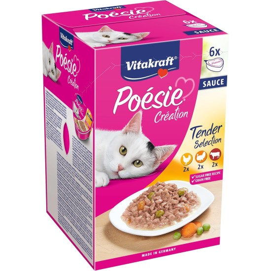 Vitakraft Poésie Création, Tender Selection, Wet Cat Food in Sauce, with Chicken, with Turkey, with Beef, No Added Sugar and Grains (1 Pack of 6 x 85 g) Vitakraft Poésie Création, Tender Selection, Wet Cat Food in Sauce, with Chicken, with Turkey, with Beef, No Added Sugar and Grains (1 Pack of 6 x 85 g)