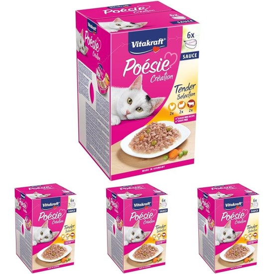 Vitakraft Poésie Création, Tender Selection, Wet Cat Food in Sauce, with Chicken, with Turkey, with Beef, No Added Sugar and Grains (1 Pack of 6 x 85 g) Vitakraft Poésie Création, Tender Selection, Wet Cat Food in Sauce, with Chicken, with Turkey, with Beef, No Added Sugar and Grains (1 Pack of 6 x 85 g)