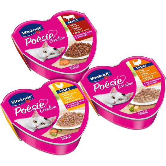 Vitakraft Poésie Création, Tender Selection, Wet Cat Food in Sauce, with Chicken, with Turkey, with Beef, No Added Sugar and Grains (1 Pack of 6 x 85 g) Vitakraft Poésie Création, Tender Selection, Wet Cat Food in Sauce, with Chicken, with Turkey, with Beef, No Added Sugar and Grains (1 Pack of 6 x 85 g)