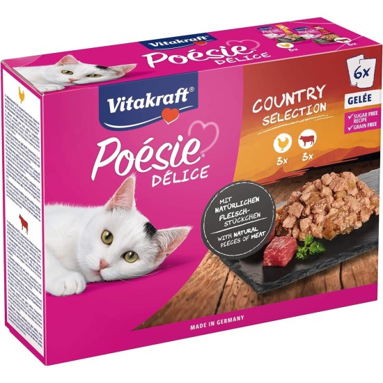 Vitakraft Poésie Délice, Country Selection, Wet Cat Food, Jelly Cat Food, with Chicken, with Beef (1 Pack of 6 x 85 g) Vitakraft Poésie Délice, Country Selection, Wet Cat Food, Jelly Cat Food, with Chicken, with Beef (1 Pack of 6 x 85 g)