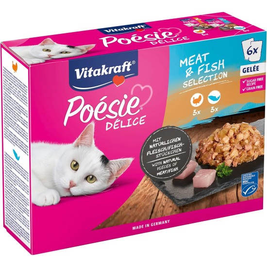 Vitakraft Poésie Délice, Meat and Fish Selection, Wet Cat Food, Jelly Cat Food, with Turkey Breast, with Salmon, No Added Sugar and Grains (1 Pack of 6 x 85 g) Vitakraft Poésie Délice, Meat and Fish Selection, Wet Cat Food, Jelly Cat Food, with Turkey Breast, with Salmon, No Added Sugar and Grains (1 Pack of 6 x 85 g)
