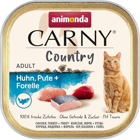 animonda Carny Adult Country Cat Food, Wet Food for Cats in Practical Portion Bowl with Chicken, Turkey + Trout, 32 x 100 g