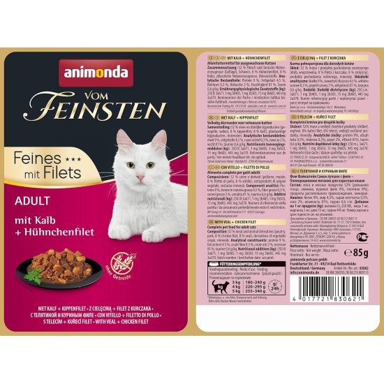 animonda Vom Feinsten Adult Cat Food, Wet Food for Adult Cats, Fine Fillets, with Veal + Chicken Fillet, 18 x 85 g animonda Vom Feinsten Adult Cat Food, Wet Food for Adult Cats, Fine Fillets, with Veal + Chicken Fillet, 18 x 85 g