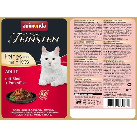 animonda Vom Feinsten Adult Cat Food, Wet Food for Adult Cats, Fine Fillets, with Veal + Chicken Fillet, 18 x 85 g animonda Vom Feinsten Adult Cat Food, Wet Food for Adult Cats, Fine Fillets, with Veal + Chicken Fillet, 18 x 85 g