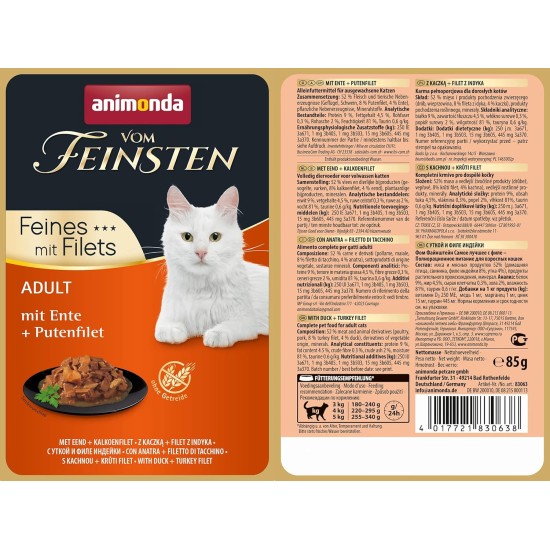 animonda Vom Feinsten Adult Cat Food, Wet Food for Adult Cats, Fine Fillets, with Veal + Chicken Fillet, 18 x 85 g animonda Vom Feinsten Adult Cat Food, Wet Food for Adult Cats, Fine Fillets, with Veal + Chicken Fillet, 18 x 85 g