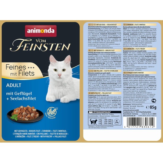 animonda Vom Feinsten Adult Cat Food, Wet Food for Adult Cats, Fine Fillets, with Veal + Chicken Fillet, 18 x 85 g animonda Vom Feinsten Adult Cat Food, Wet Food for Adult Cats, Fine Fillets, with Veal + Chicken Fillet, 18 x 85 g