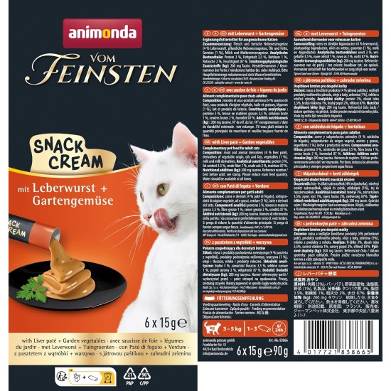 animonda vom Feinsten Cat Snack Cream (6 x 15 g), Delicious Cat Snack with Liver Sausage + Garden Vegetables in Practical Fresh Bags animonda vom Feinsten Cat Snack Cream (6 x 15 g), Delicious Cat Snack with Liver Sausage + Garden Vegetables in Practical Fresh Bags