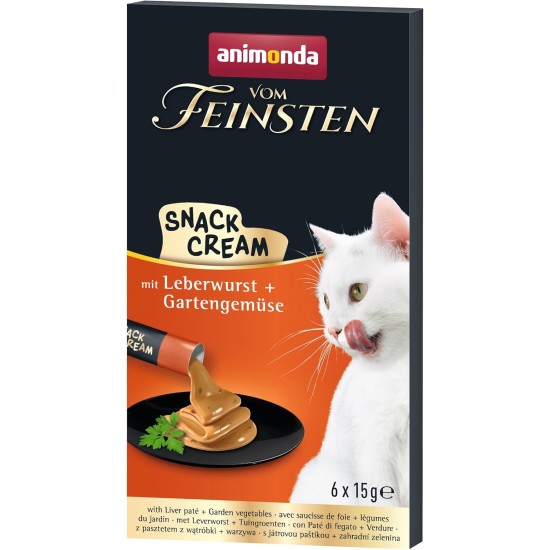 animonda vom Feinsten Cat Snack Cream (6 x 15 g), Delicious Cat Snack with Liver Sausage + Garden Vegetables in Practical Fresh Bags