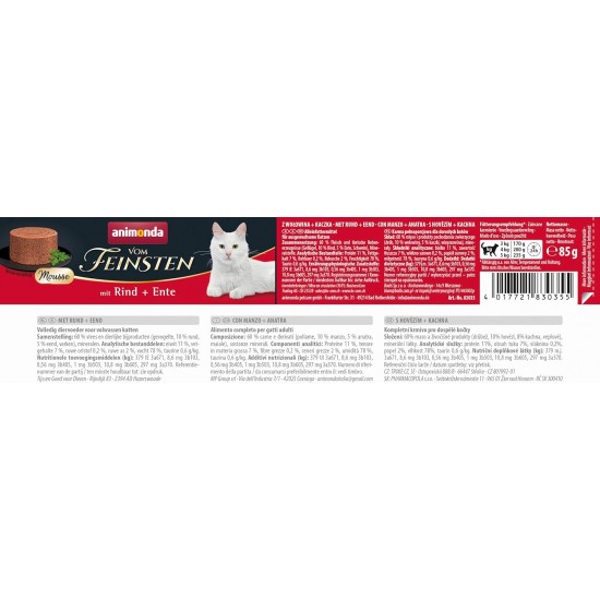 animonda vom Feinsten Mousse Cat Food Wet Beef + Duck (12 x 85 g), Grain-Free Cat Food Wet without Sugar, with Fresh, Meaty Ingredients animonda vom Feinsten Mousse Cat Food Wet Beef + Duck (12 x 85 g), Grain-Free Cat Food Wet without Sugar, with Fresh, Meaty Ingredients
