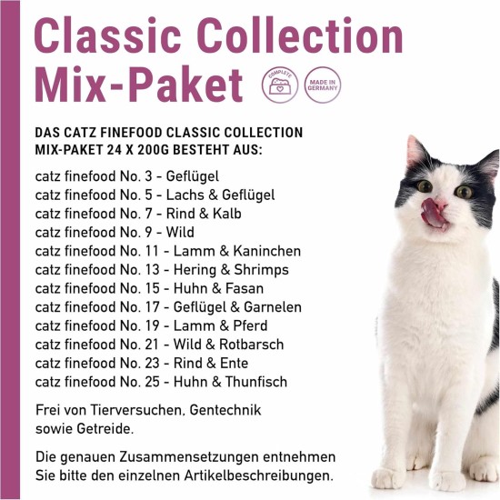 catz finefood Classic Collection Mix Pack Wet Cat Food - Delicatessen Wet Food for Your Cat without Grain and Sugar with High Meat Content, 24 x 85 g Bags catz finefood Classic Collection Mix Pack Wet Cat Food - Delicatessen Wet Food for Your Cat without Grain and Sugar with High Meat Content, 24 x 85 g Bags