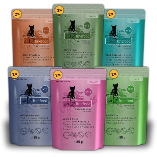 catz finefood Classic Collection Mix Pack Wet Cat Food - Delicatessen Wet Food for Your Cat without Grain and Sugar with High Meat Content, 24 x 85 g Bags catz finefood Classic Collection Mix Pack Wet Cat Food - Delicatessen Wet Food for Your Cat without Grain and Sugar with High Meat Content, 24 x 85 g Bags