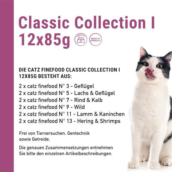 catz finefood Classic Collection Mix Pack Wet Cat Food - Delicatessen Wet Food for Your Cat without Grain and Sugar with High Meat Content, 24 x 85 g Bags catz finefood Classic Collection Mix Pack Wet Cat Food - Delicatessen Wet Food for Your Cat without Grain and Sugar with High Meat Content, 24 x 85 g Bags